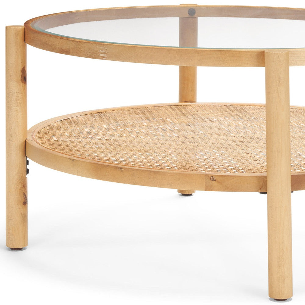 Clear & Natural Glass & Solid Wood Round Coffee Table w/ Shelf image 9