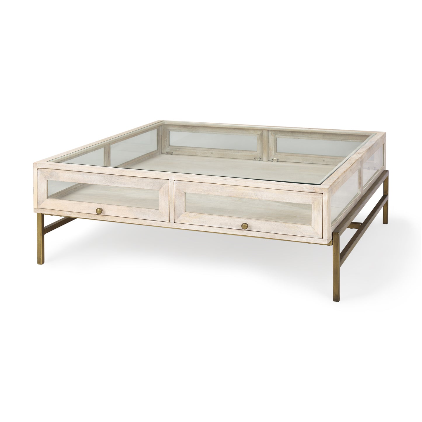 Off White Clear & Gold Solid Wood Glass & Iron Storage Coffee Table image 5