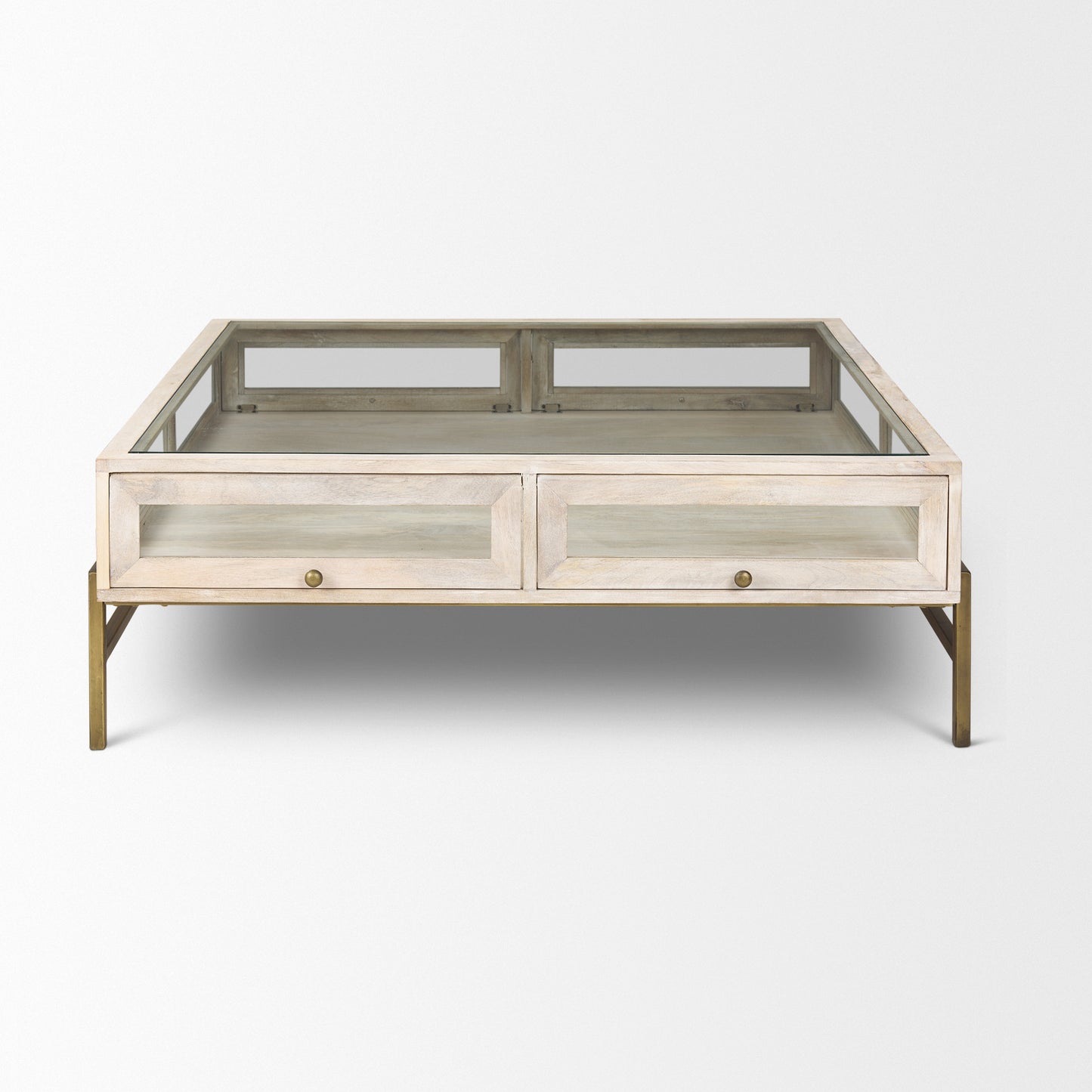Off White Clear & Gold Solid Wood Glass & Iron Storage Coffee Table image 2
