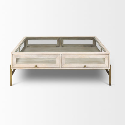 Off White Clear & Gold Solid Wood Glass & Iron Storage Coffee Table image 2