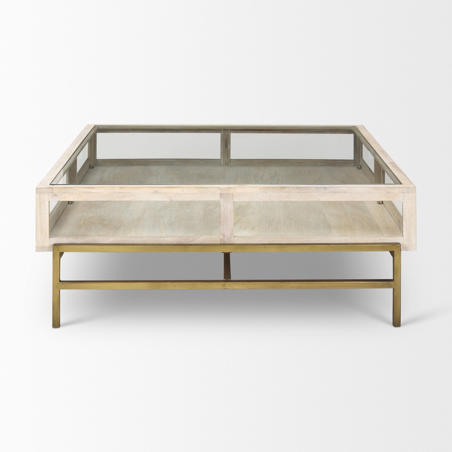 Off White Clear & Gold Solid Wood Glass & Iron Storage Coffee Table image 3