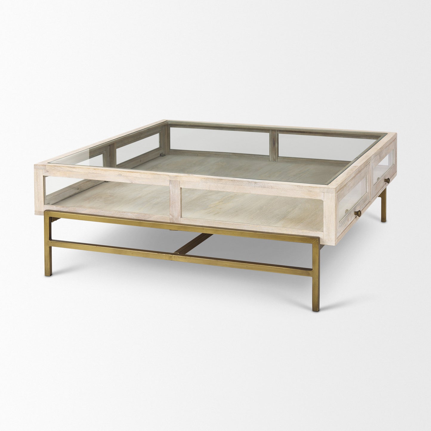 Off White Clear & Gold Solid Wood Glass & Iron Storage Coffee Table image 6