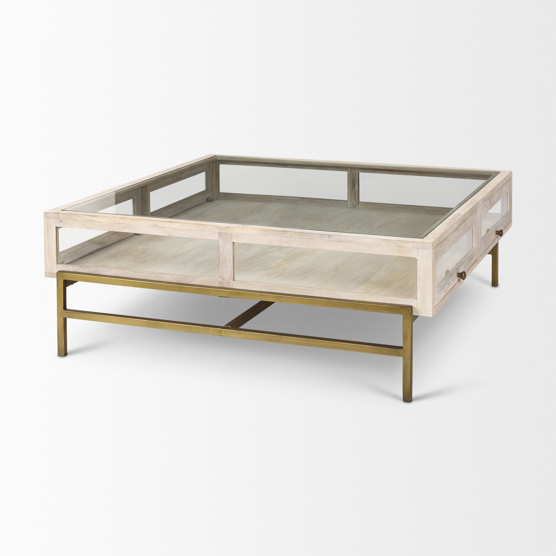 Off White Clear & Gold Solid Wood Glass & Iron Storage Coffee Table image 6