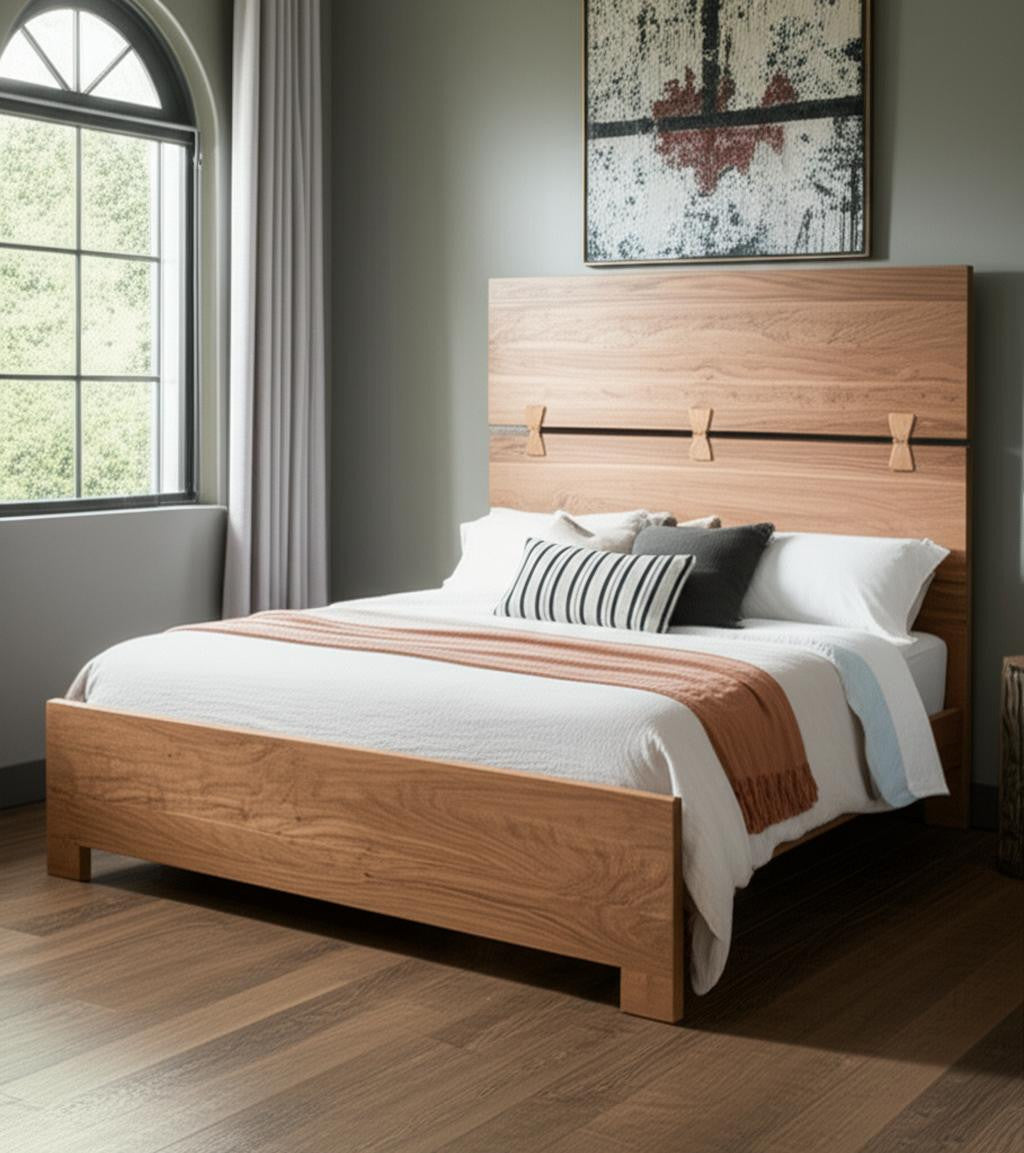Brown Live Edge Bow Joint Solid Wood Queen Bed