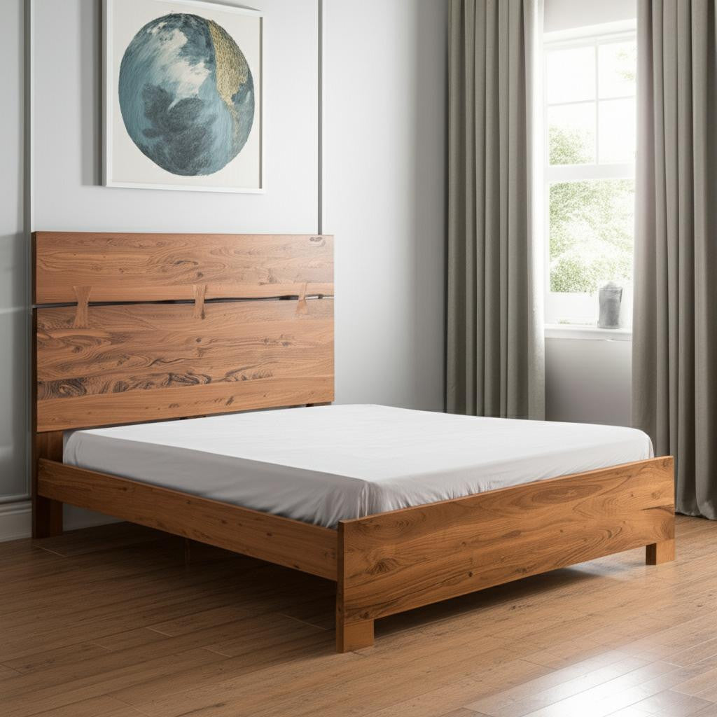 Brown Live Edge Bow Joint Solid Wood Queen Bed