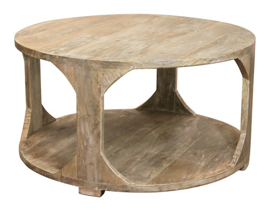 Natural Solid Wood Round Distressed Floor Shelf Coffee Table w/ Shelf image 2