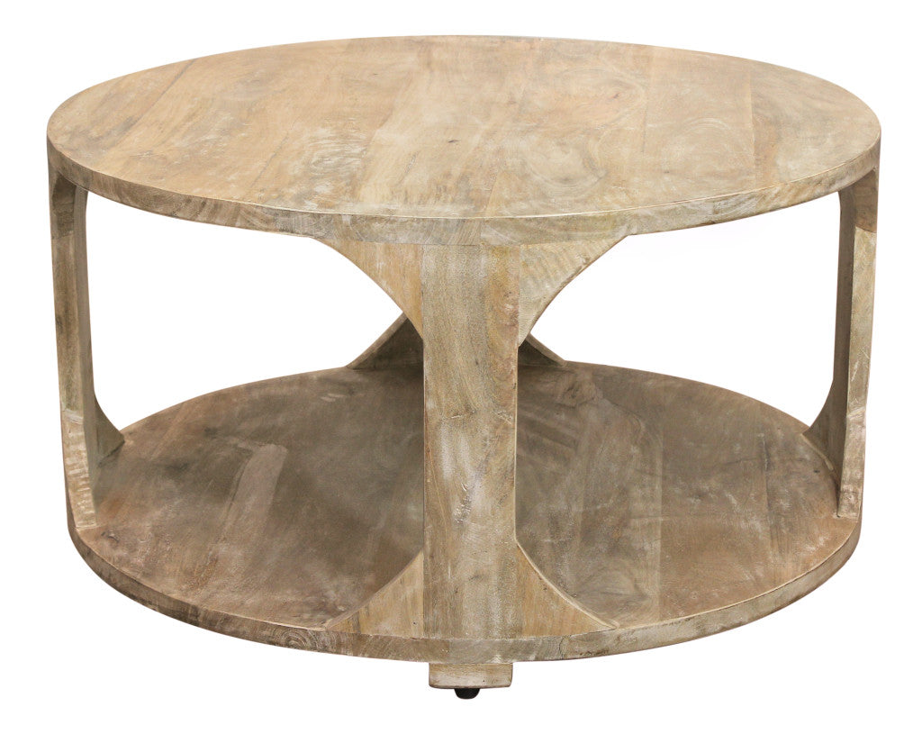Natural Solid Wood Round Distressed Floor Shelf Coffee Table w/ Shelf image 3