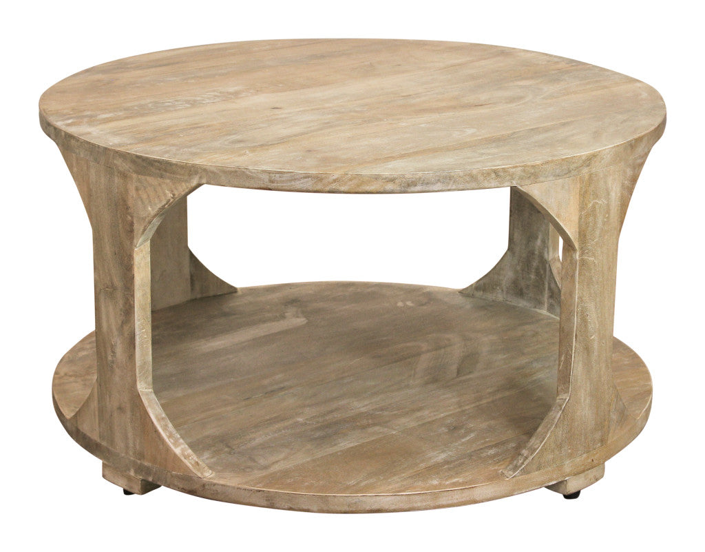 Natural Solid Wood Round Distressed Floor Shelf Coffee Table w/ Shelf image 4