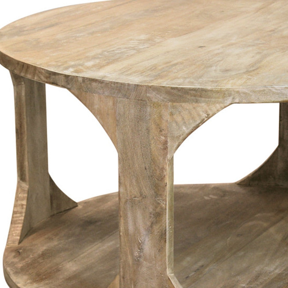 Natural Solid Wood Round Distressed Floor Shelf Coffee Table w/ Shelf image 6