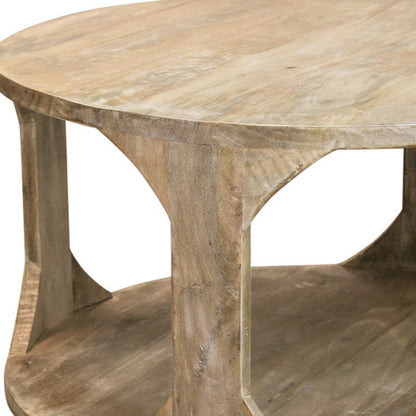 Natural Solid Wood Round Distressed Floor Shelf Coffee Table w/ Shelf image 6