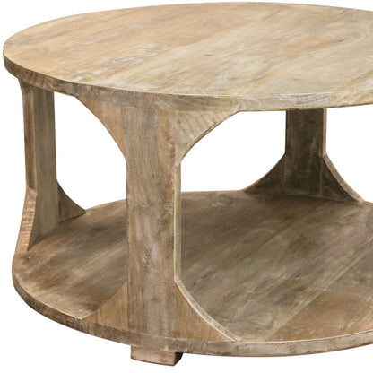 Natural Solid Wood Round Distressed Floor Shelf Coffee Table w/ Shelf image 7