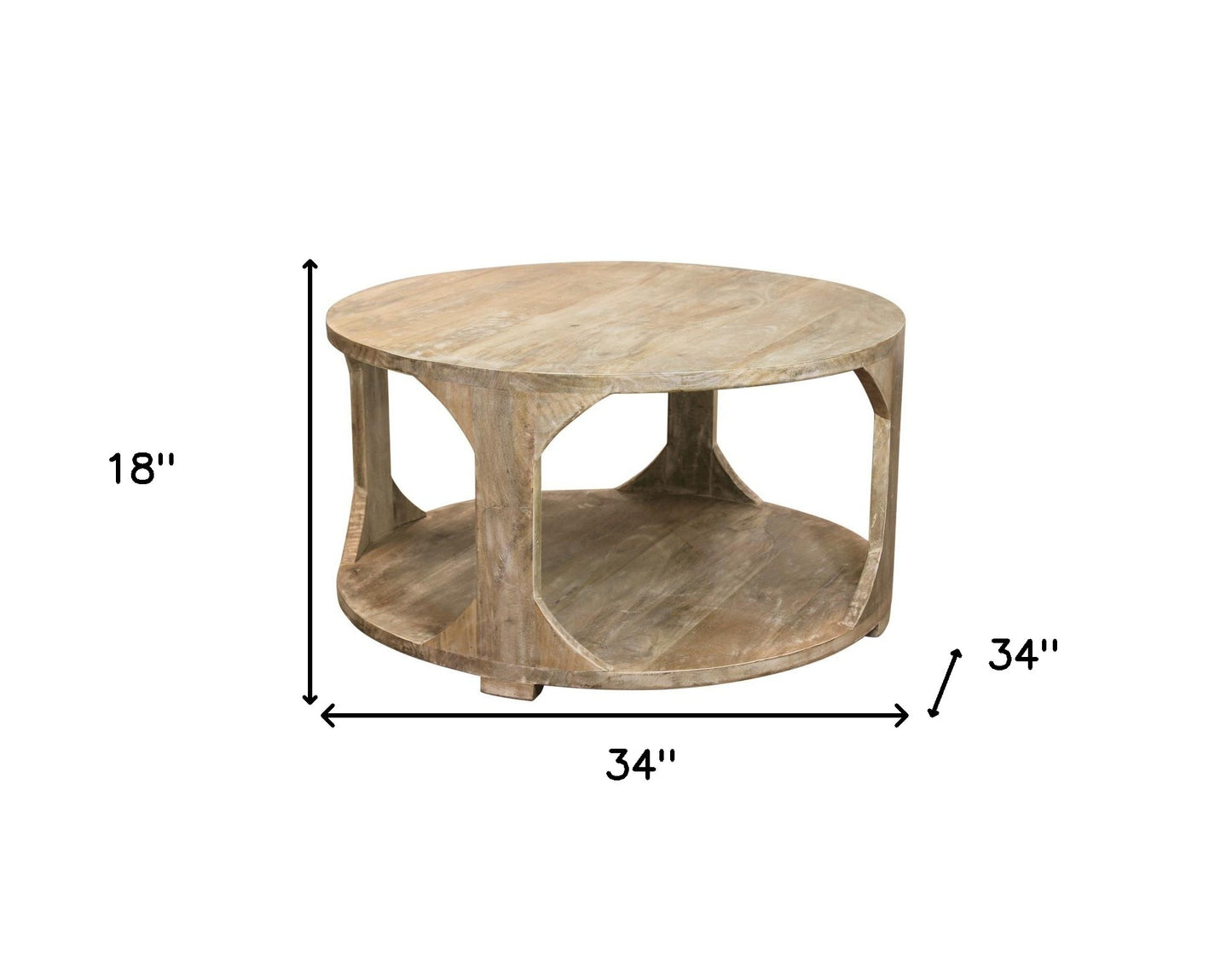 Natural Solid Wood Round Distressed Floor Shelf Coffee Table w/ Shelf image 8