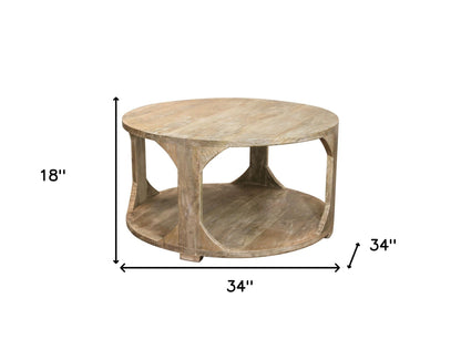 Natural Solid Wood Round Distressed Floor Shelf Coffee Table w/ Shelf image 8