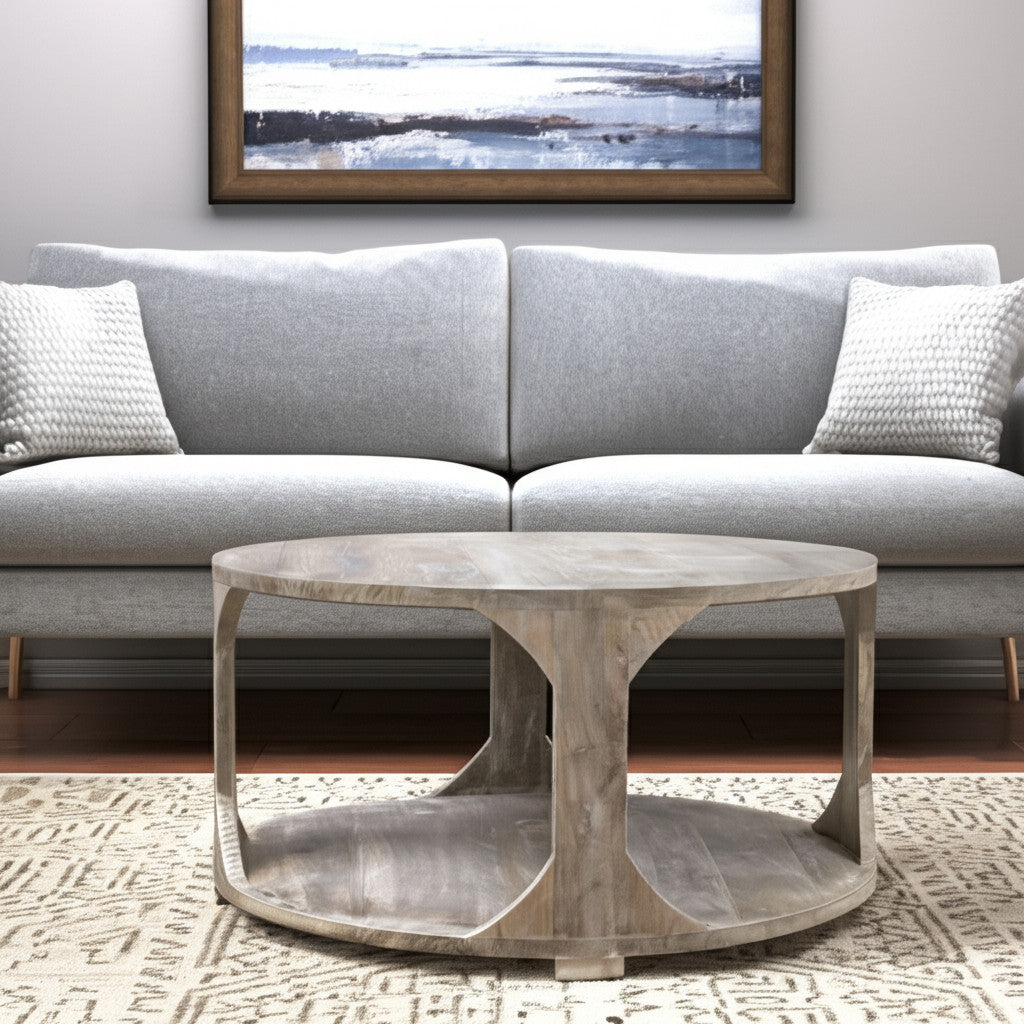 Natural Solid Wood Round Distressed Floor Shelf Coffee Table w/ Shelf image 1