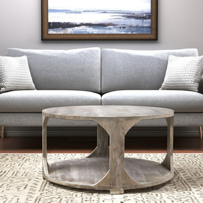 Natural Solid Wood Round Distressed Floor Shelf Coffee Table w/ Shelf image 1