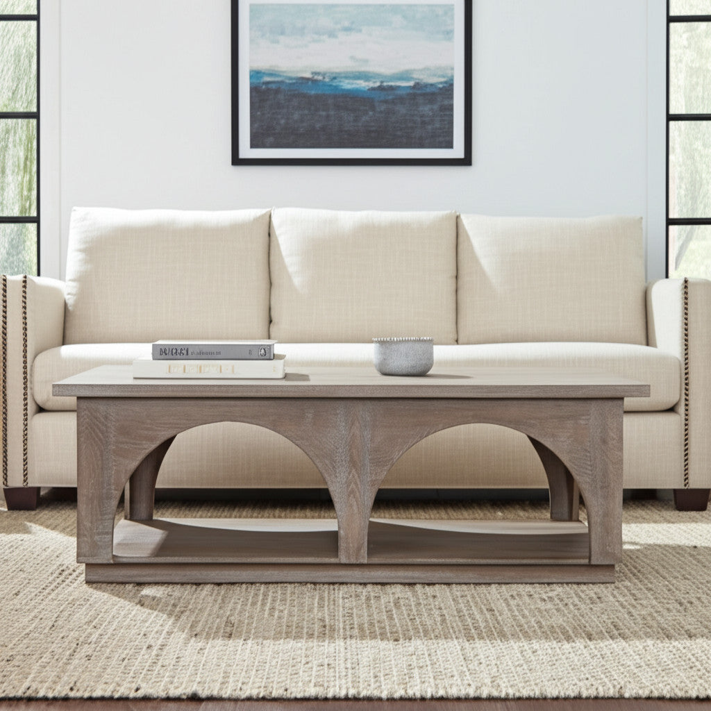Brown Solid Wood Distressed Floor Shelf Coffee Table w/ Shelf image 1