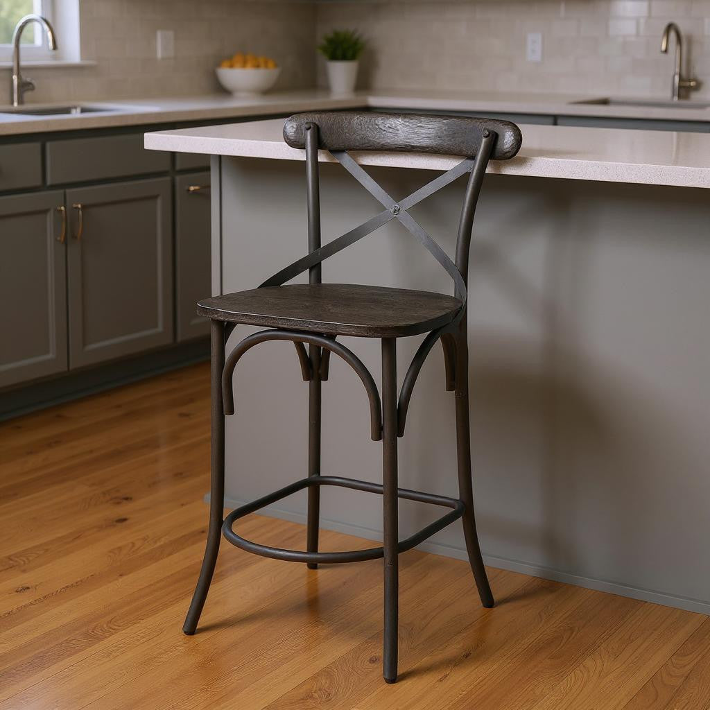 Black Solid Wood & Iron Counter Height Bar Chair