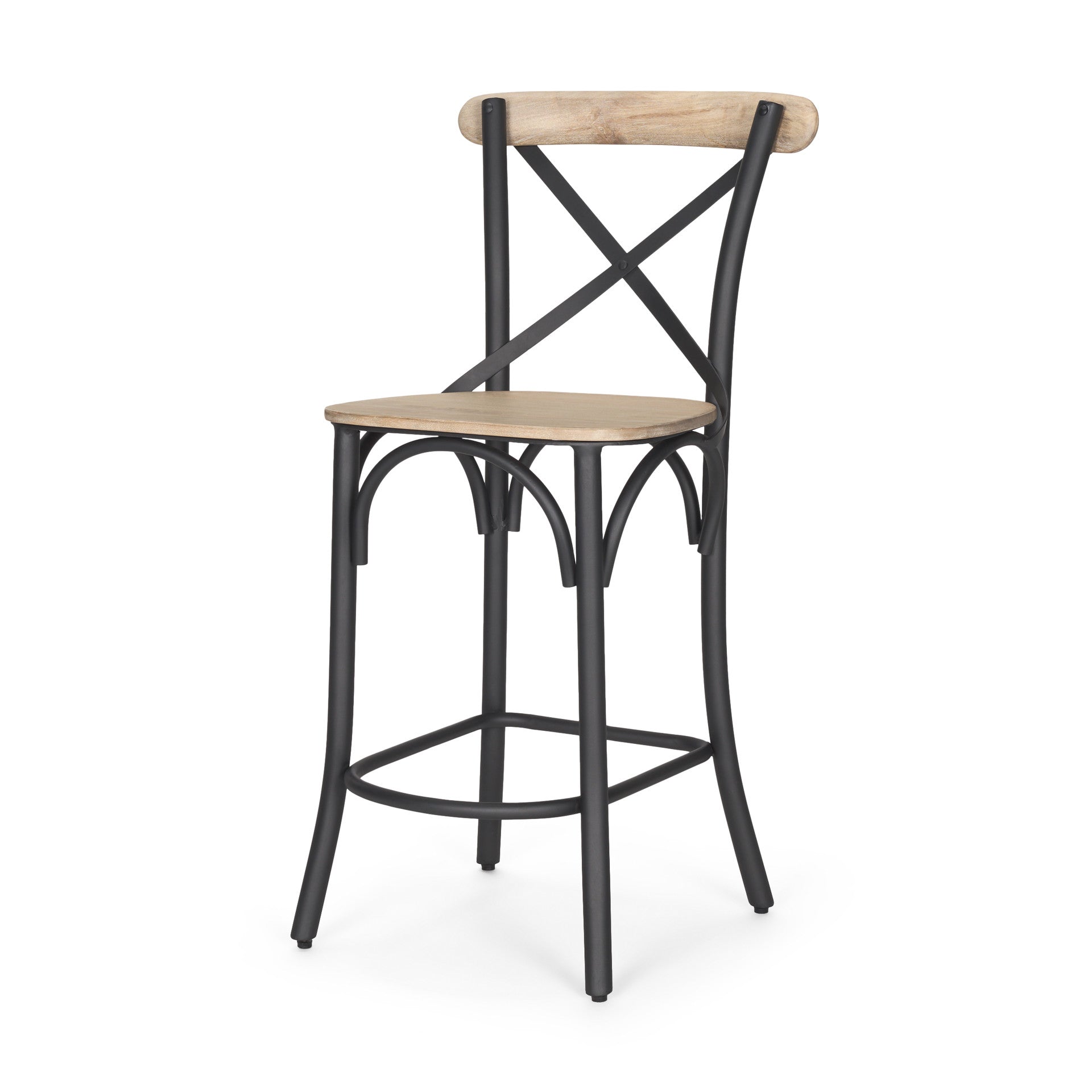Natural & Gray Solid Wood & Iron Counter Height Bar Chair