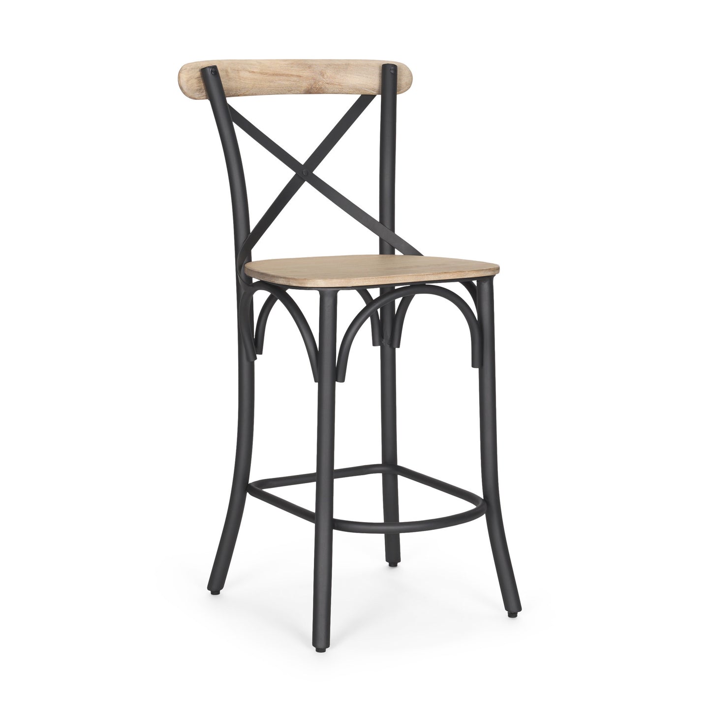 Natural & Gray Solid Wood & Iron Counter Height Bar Chair