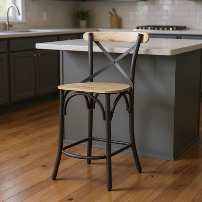 Natural & Gray Solid Wood & Iron Counter Height Bar Chair