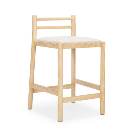 Beige & Natural Fabric & Solid Wood Low Back Counter Height Bar Chair