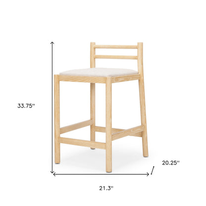 Beige & Natural Fabric & Solid Wood Low Back Counter Height Bar Chair