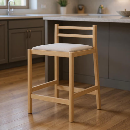 Beige & Natural Fabric & Solid Wood Low Back Counter Height Bar Chair