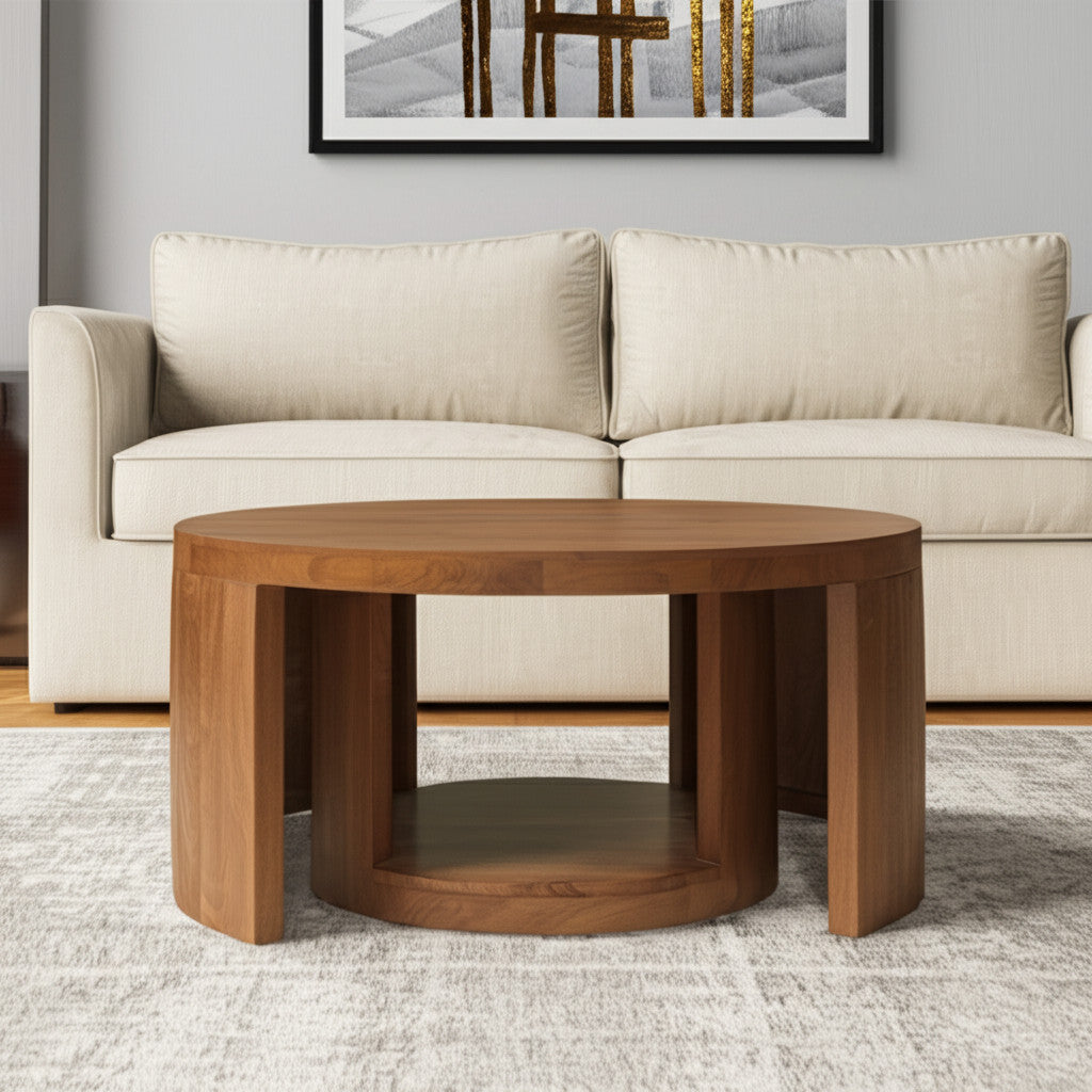 Set of 2 Walnut Solid Wood Round Distressed Solid Nested Coffee Tables image 1