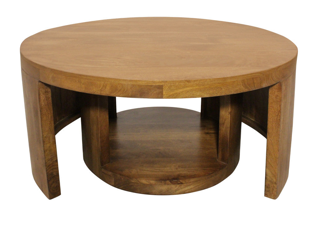 Set of 2 Walnut Solid Wood Round Distressed Solid Nested Coffee Tables image 2