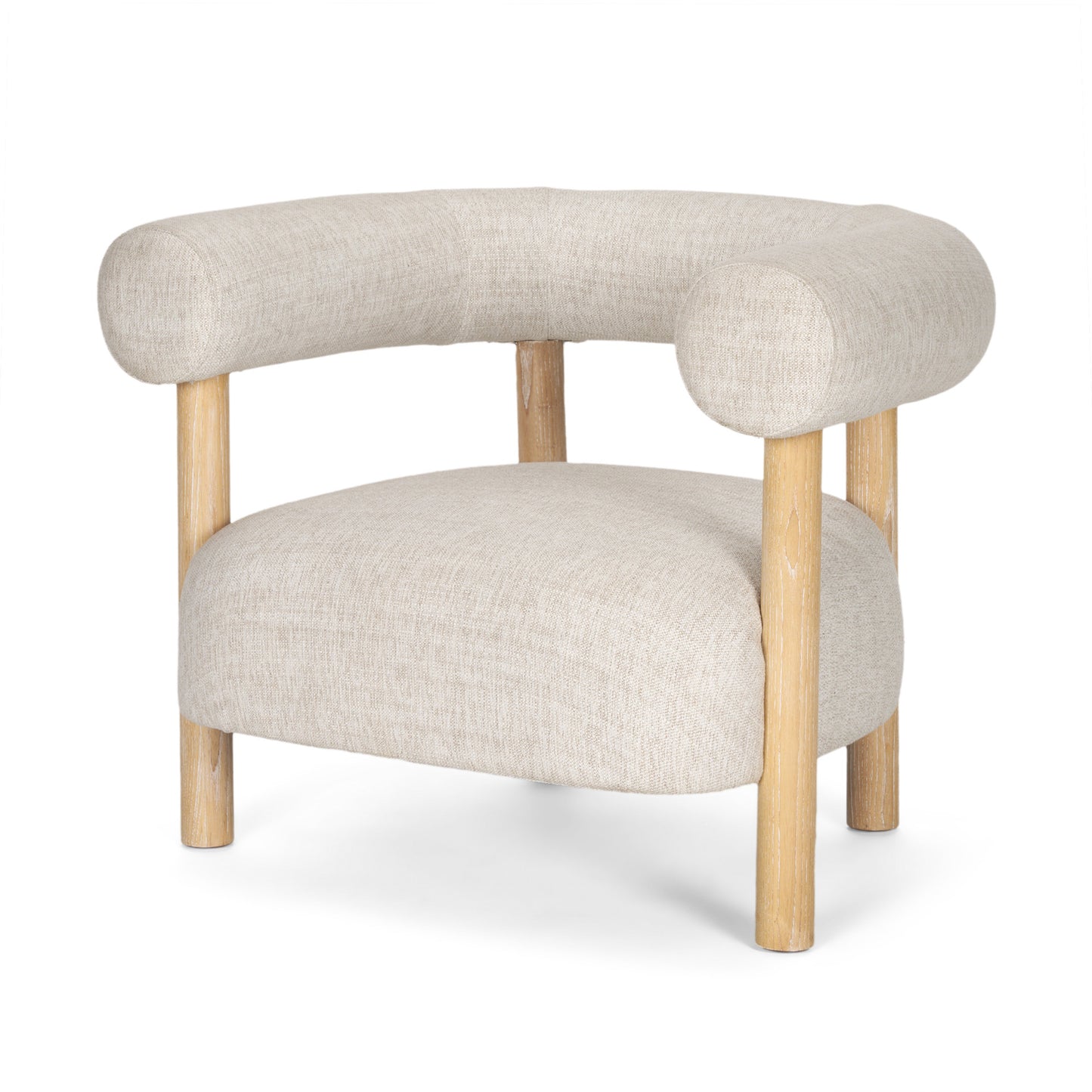Cream & Natural Linen & Solid Wood Barrel Chair
