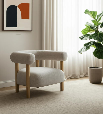 Cream & Natural Linen & Solid Wood Barrel Chair