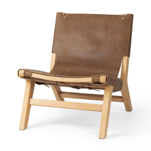 Brown & Natural Genuine Leather & Solid Wood Slipper Chair