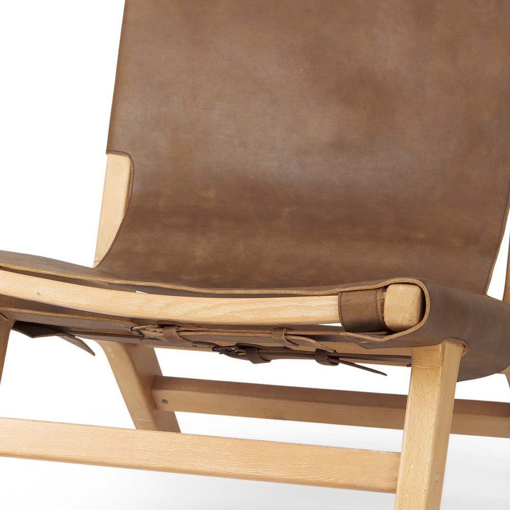 Brown & Natural Genuine Leather & Solid Wood Slipper Chair