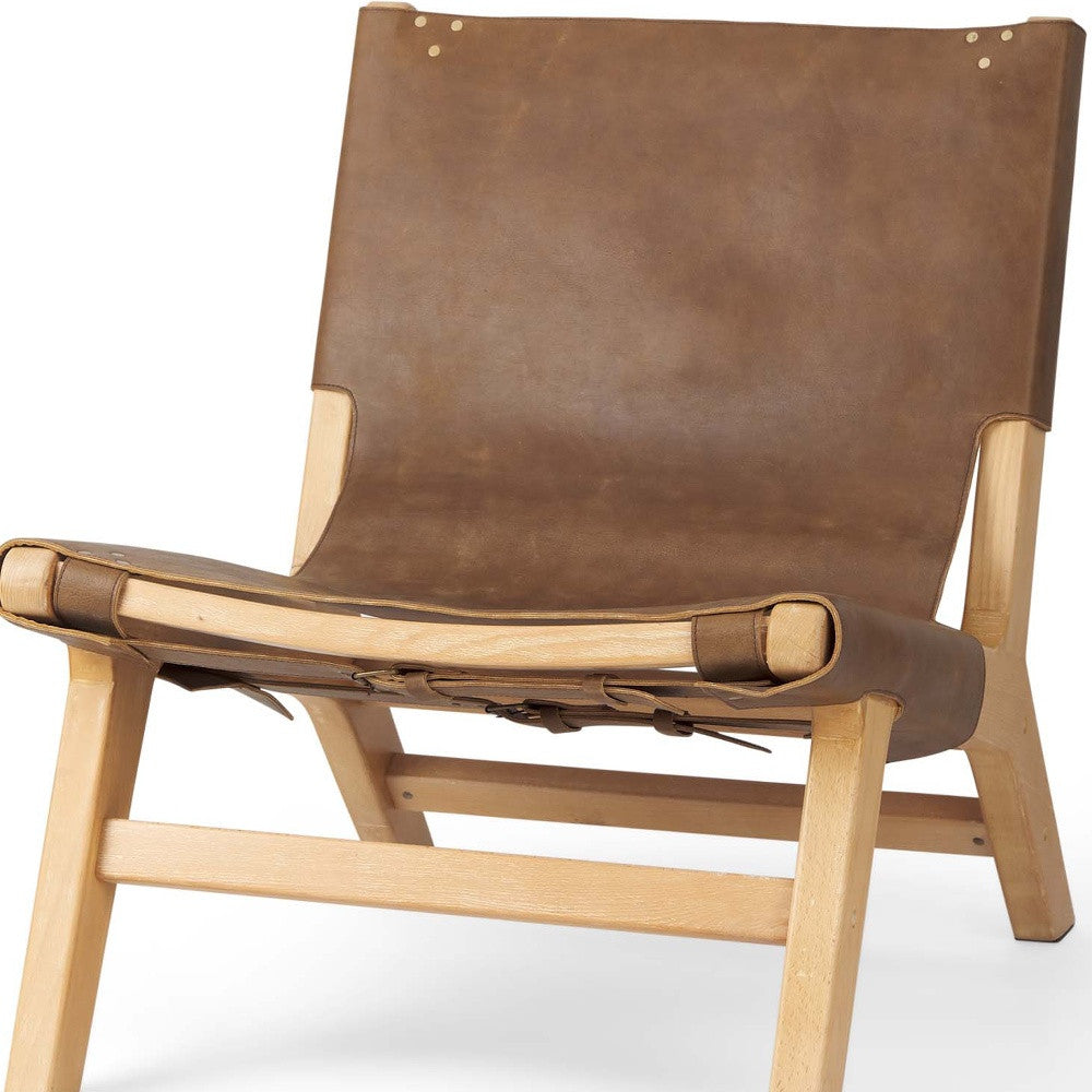 Brown & Natural Genuine Leather & Solid Wood Slipper Chair