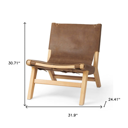 Brown & Natural Genuine Leather & Solid Wood Slipper Chair