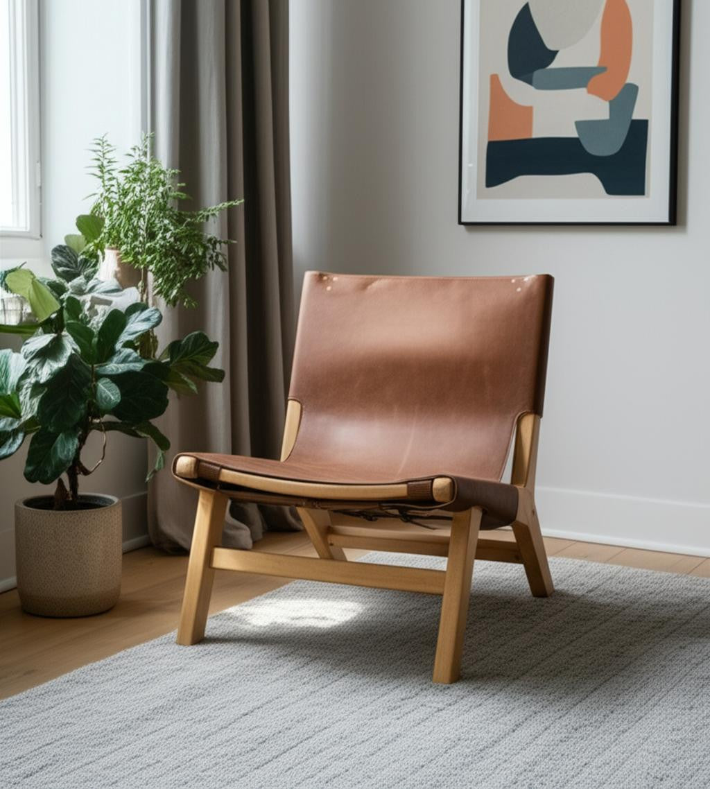 Brown & Natural Genuine Leather & Solid Wood Slipper Chair