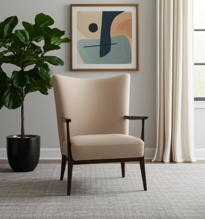 Beige & Dark Brown Boucle & Solid Wood Wingback Chair