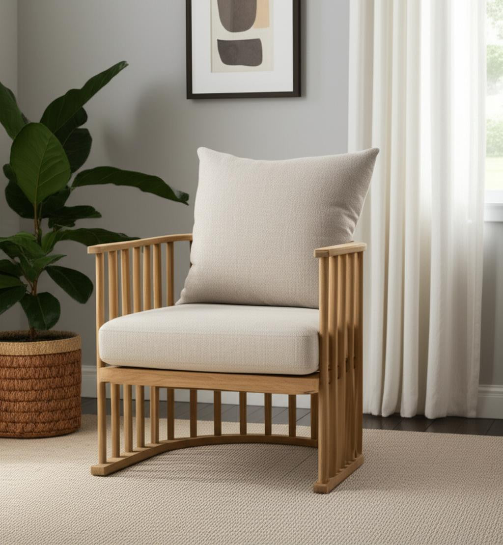 Beige & Natural Upholstery & Solid Wood Barrel Chair