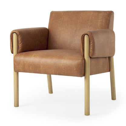 Brown & Natural Faux Leather & Solid Wood Arm Chair