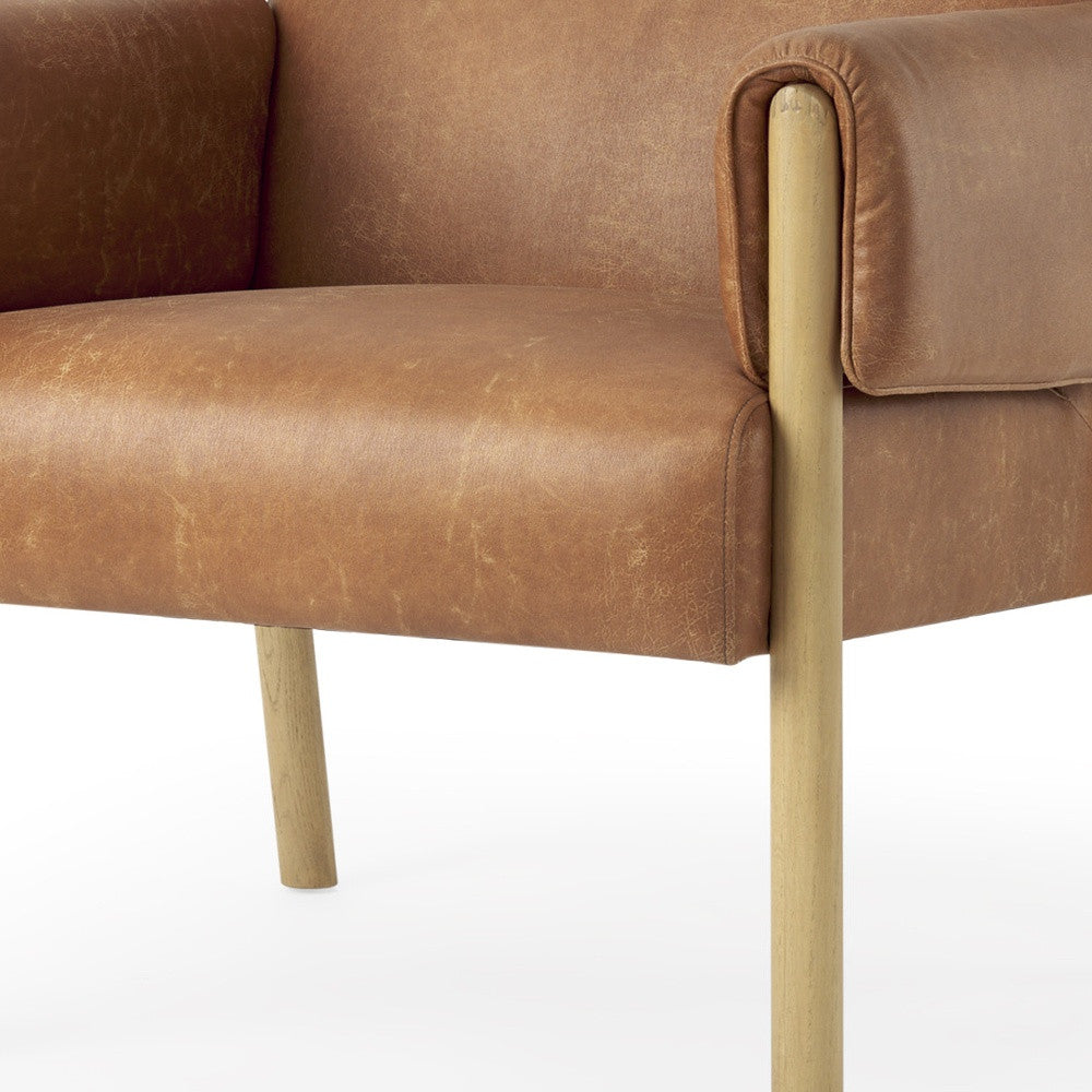 Brown & Natural Faux Leather & Solid Wood Arm Chair