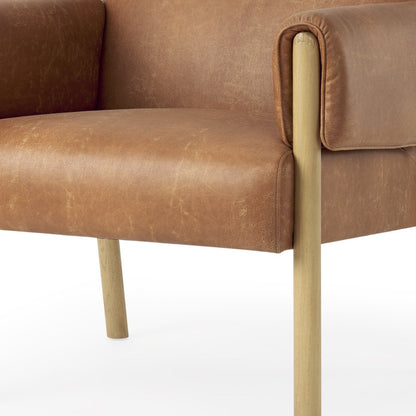 Brown & Natural Faux Leather & Solid Wood Arm Chair