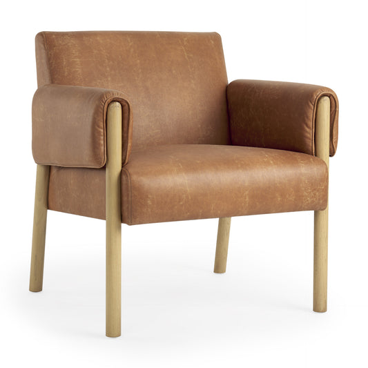 Brown & Natural Faux Leather & Solid Wood Arm Chair