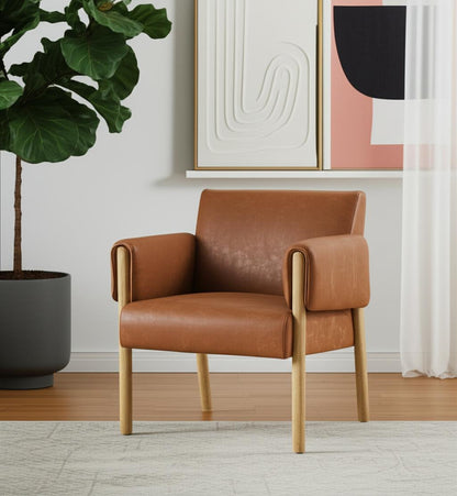 Brown & Natural Faux Leather & Solid Wood Arm Chair