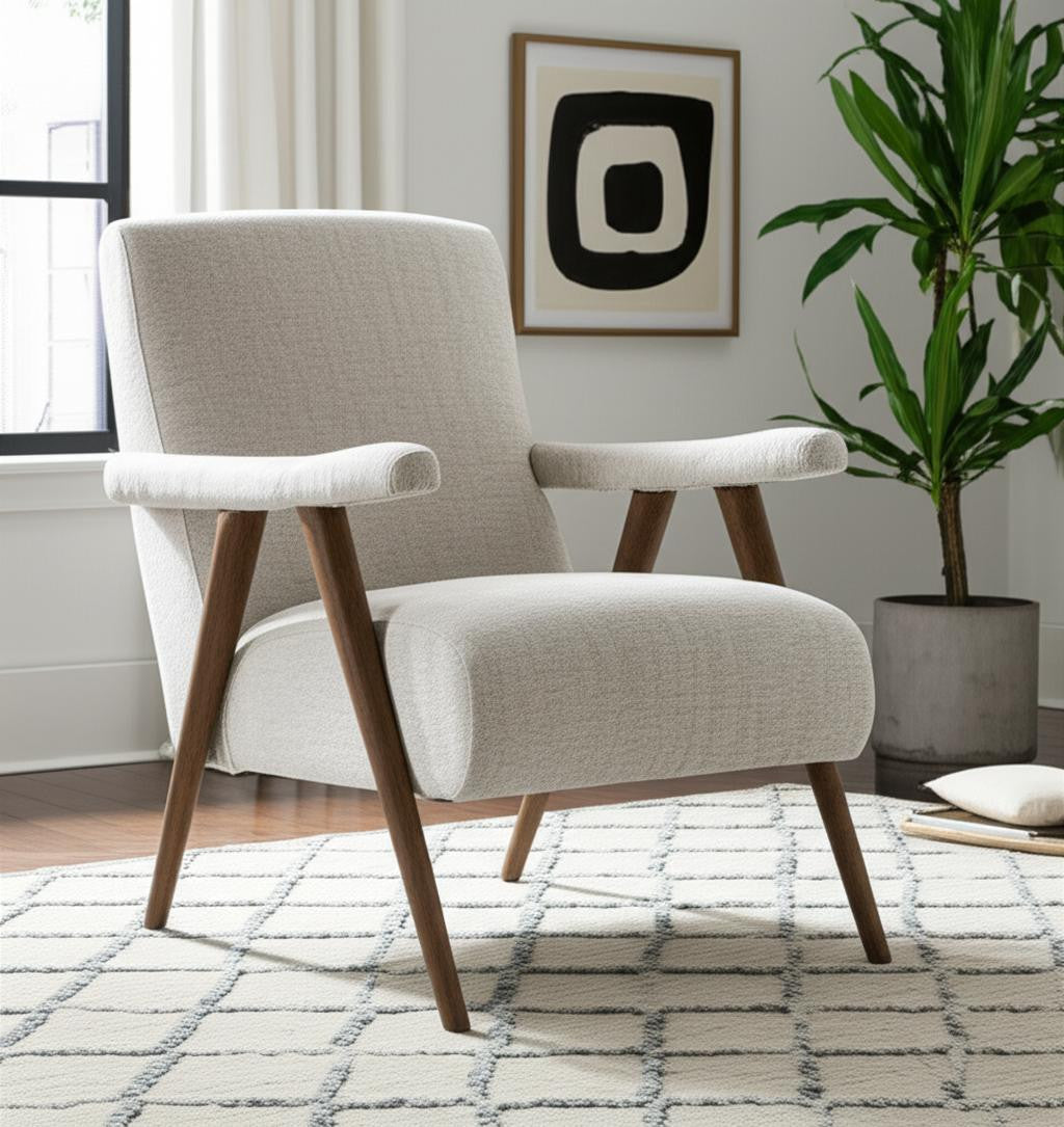 Cream & Brown Linen & Solid Wood Arm Chair