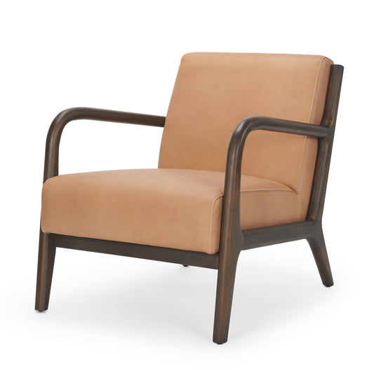 Tan & Dark Brown Genuine Leather & Solid Wood Arm Chair