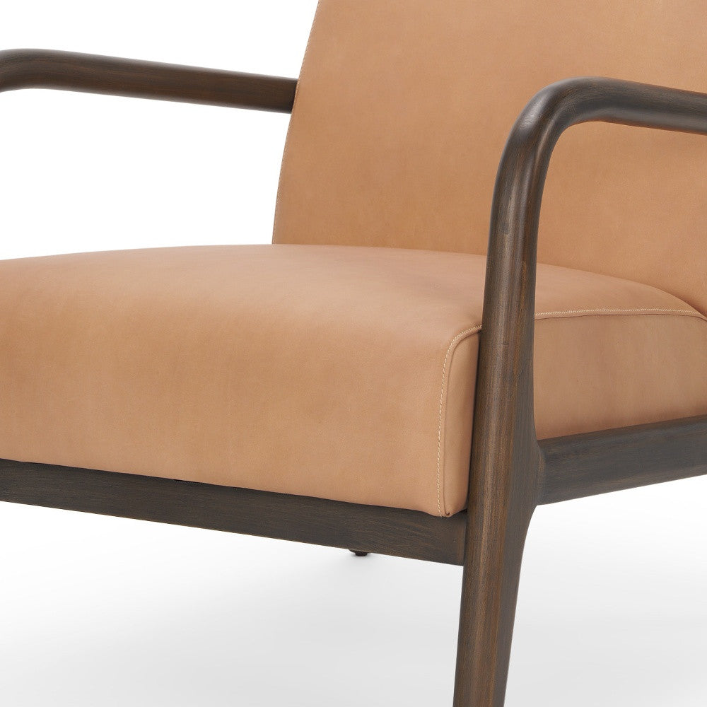 Tan & Dark Brown Genuine Leather & Solid Wood Arm Chair