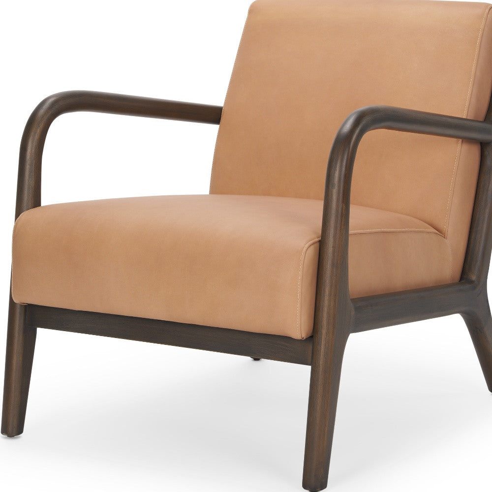 Tan & Dark Brown Genuine Leather & Solid Wood Arm Chair