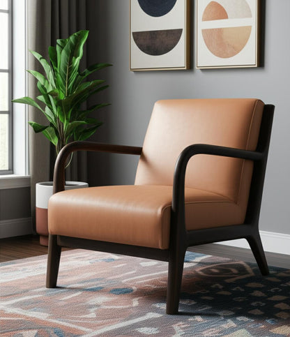 Tan & Dark Brown Genuine Leather & Solid Wood Arm Chair