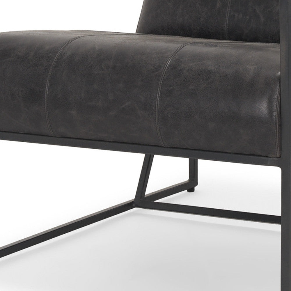 Black Genuine Leather & Metal Lounge Chair