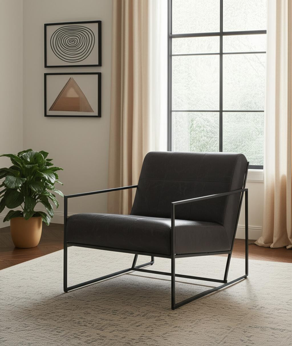 Black Genuine Leather & Metal Lounge Chair